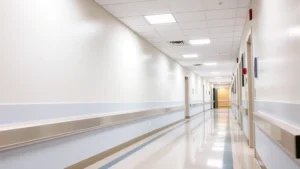 Hospital corridor with protective wall panels installed, showing modern healthcare facility interior with impact-resistant coverings on lower walls, bright clinical lighting, empty hallway perspective
