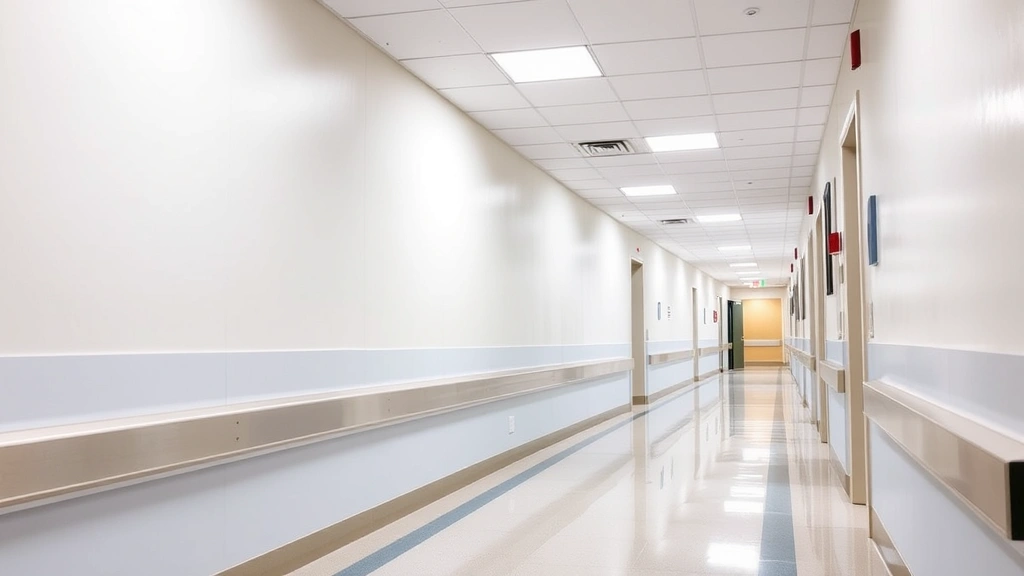 Hospital corridor with protective wall panels installed, showing modern healthcare facility interior with impact-resistant coverings on lower walls, bright clinical lighting, empty hallway perspective