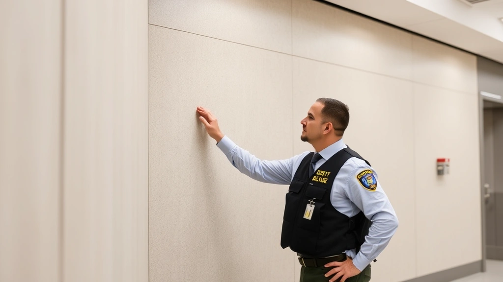 Security professional inspecting institutional wall protection systems in government facility, examining impact-resistant wall covering, professional assessment setting, neutral background, no visible text or alerts