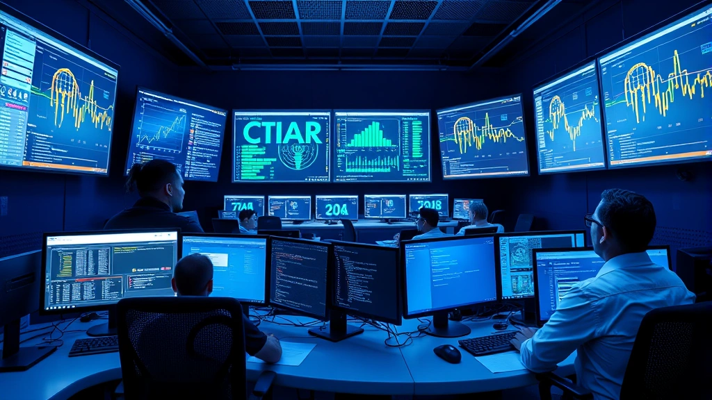 Cybersecurity operations center with multiple monitors displaying network security dashboards, technicians at workstations in professional setting, blue ambient lighting, no visible code or terminal windows
