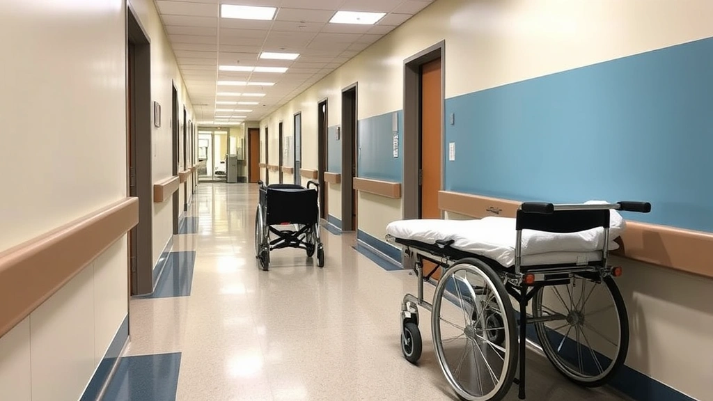Healthcare facility hallway with installed Acrovyn corner guards and wall panels protecting against equipment impacts from wheeled gurneys and wheelchairs during patient transport