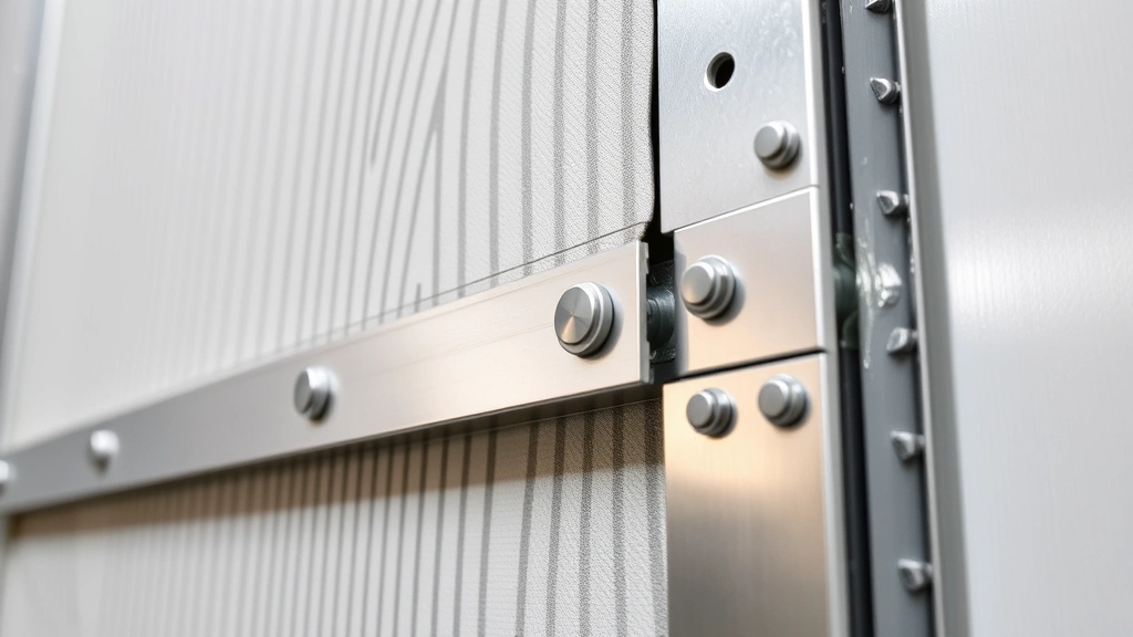 Close-up detail of wall panel installation with metal reinforcement at edges and seams, showing professional mounting system, professional industrial setting, technical focus on junction points