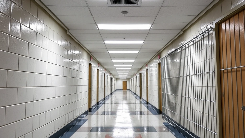 Correctional facility hallway showing durable wall protection systems preventing structural damage, secure institutional environment, overhead lighting, no visible signage or text elements
