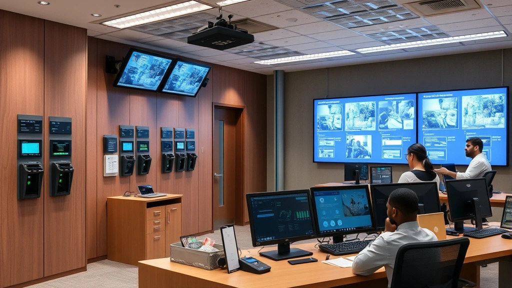 Contemporary office building security control room with access control panels, monitoring equipment, and security personnel reviewing facility status, professional environment with subtle technological elements