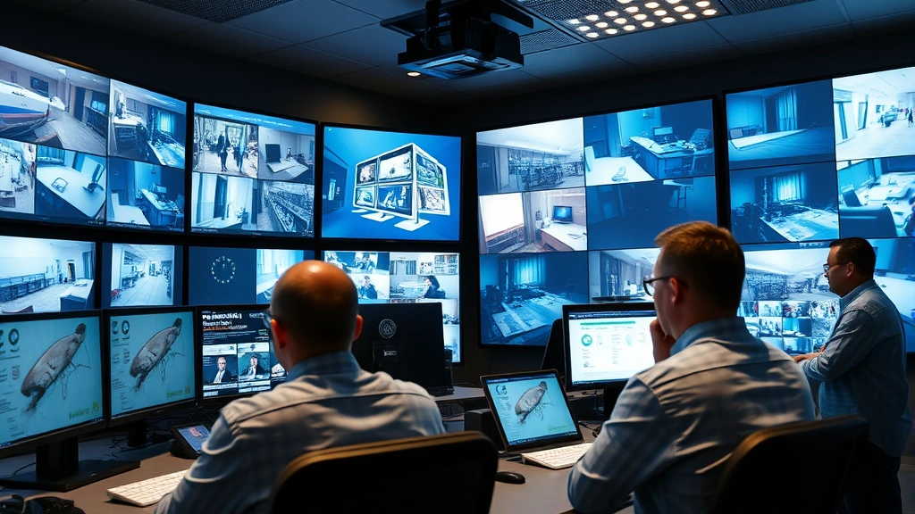Security control room with multiple monitoring screens displaying facility areas, security personnel reviewing surveillance footage, modern cybersecurity and physical security integration environment