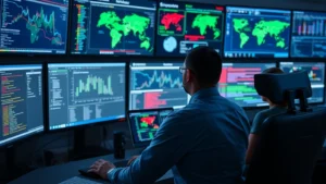 Cybersecurity analyst monitoring multiple screens with network traffic visualization, security dashboards, and threat detection alerts displaying in real-time monitoring center environment
