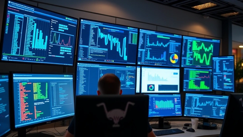 Cybersecurity analyst monitoring multiple screens displaying network traffic visualization and security dashboards in a modern security operations center with blue and green data streams