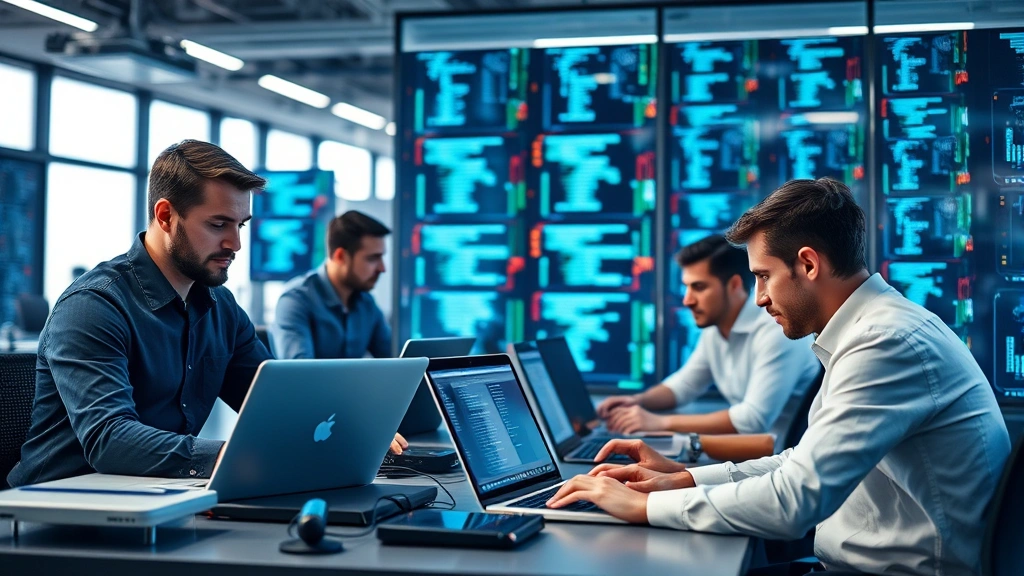 Professional IT security team conducting penetration testing on enterprise network infrastructure with laptops and security testing equipment in modern office setting