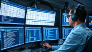 Professional network administrator monitoring security dashboard with multiple screens displaying access logs and firewall rules in modern data center environment