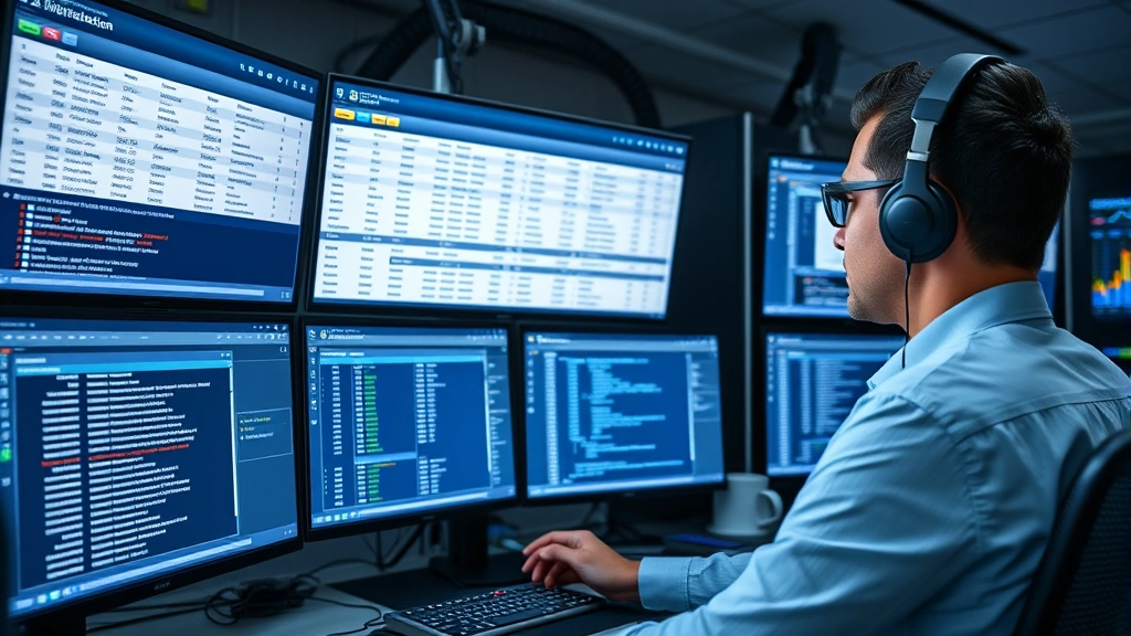 Professional network administrator monitoring security dashboard with multiple screens displaying access logs and firewall rules in modern data center environment
