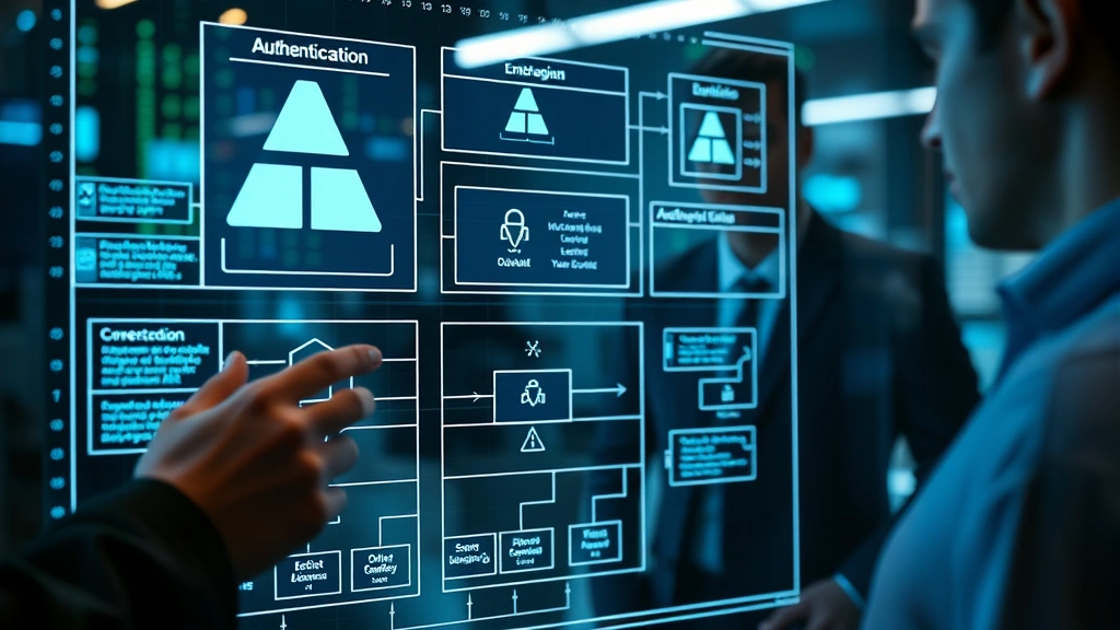 Close-up of cybersecurity team reviewing authentication protocols and role-based access control diagrams on interactive digital display