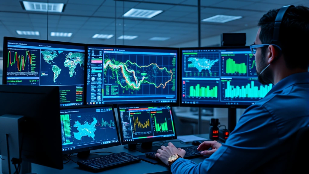 Cybersecurity analyst monitoring multiple screens displaying network traffic patterns, heat maps, and real-time threat detection dashboards in a modern security operations center with blue and green data visualizations