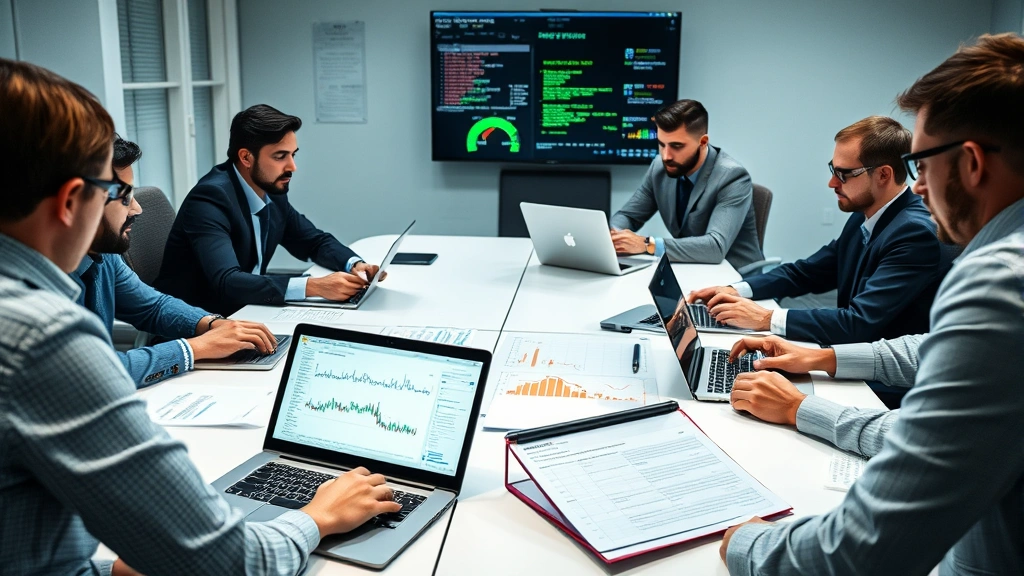 Professional security team members collaborating around a conference table with laptops and tablets, reviewing threat intelligence reports and attack timelines during active incident investigation meeting