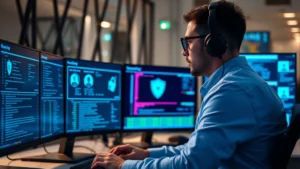 Cybersecurity professional at workstation monitoring network security dashboards with glowing blue threat indicators and authentication logs displayed on multiple screens