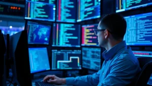 Cybersecurity analyst monitoring network traffic on multiple screens in a secure operations center, blue glow from displays, professional setting, no visible text or code