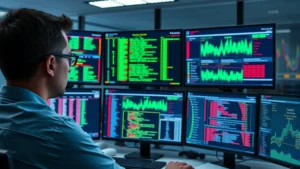 Professional cybersecurity analyst monitoring network traffic and authentication logs on multiple screens in a modern security operations center, showing real-time threat detection dashboards and data visualization