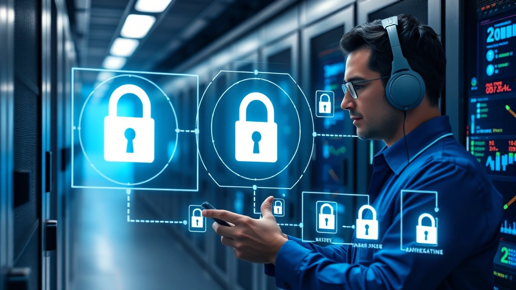 Network security administrator examining domain controller infrastructure with digital lock symbols and authentication flows visualized in a modern enterprise data center setting