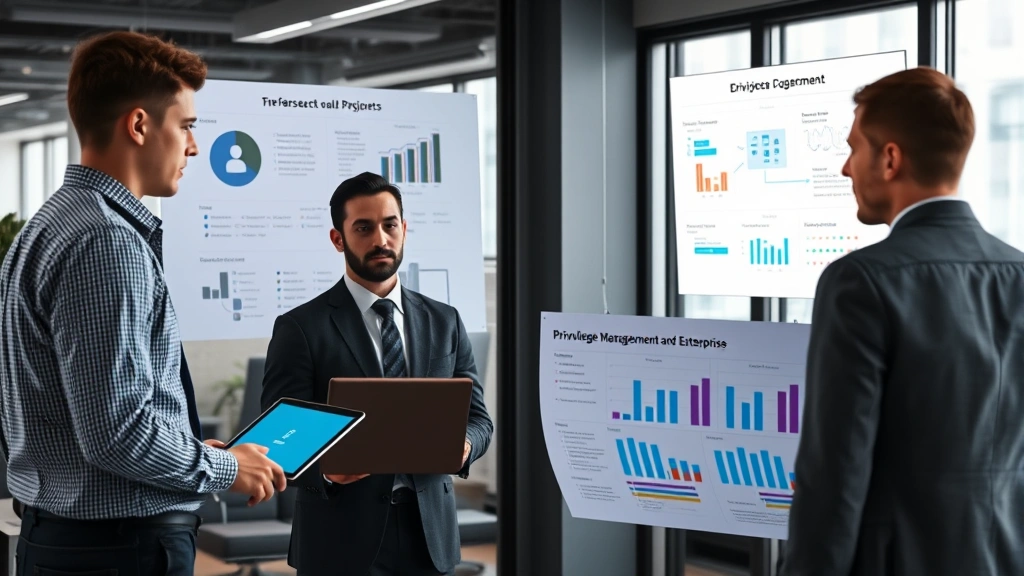Cybersecurity team conducting security audit and compliance assessment with charts showing access controls and privilege management across enterprise systems in professional office