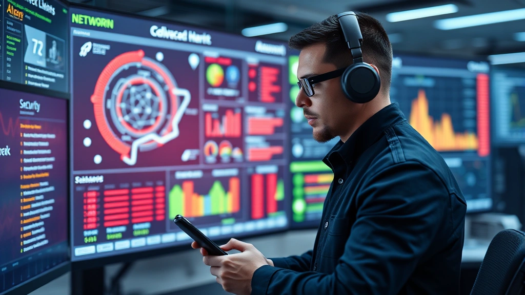 Security professional conducting vulnerability assessment with advanced threat detection dashboard displaying network topology and security alerts, modern control room environment
