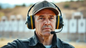 Professional shooting range instructor wearing advanced electronic hearing protection earmuffs with visible microphone ports, focused expression, outdoor daylight setting with target range in soft focus background, photorealistic detail on protective equipment