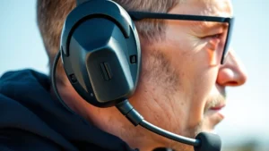 Professional wearing tactical earpieces with microphones in bright sunlight, showing modern active hearing protection device with visible microphone ports and comfortable fit, photorealistic close-up of ear area