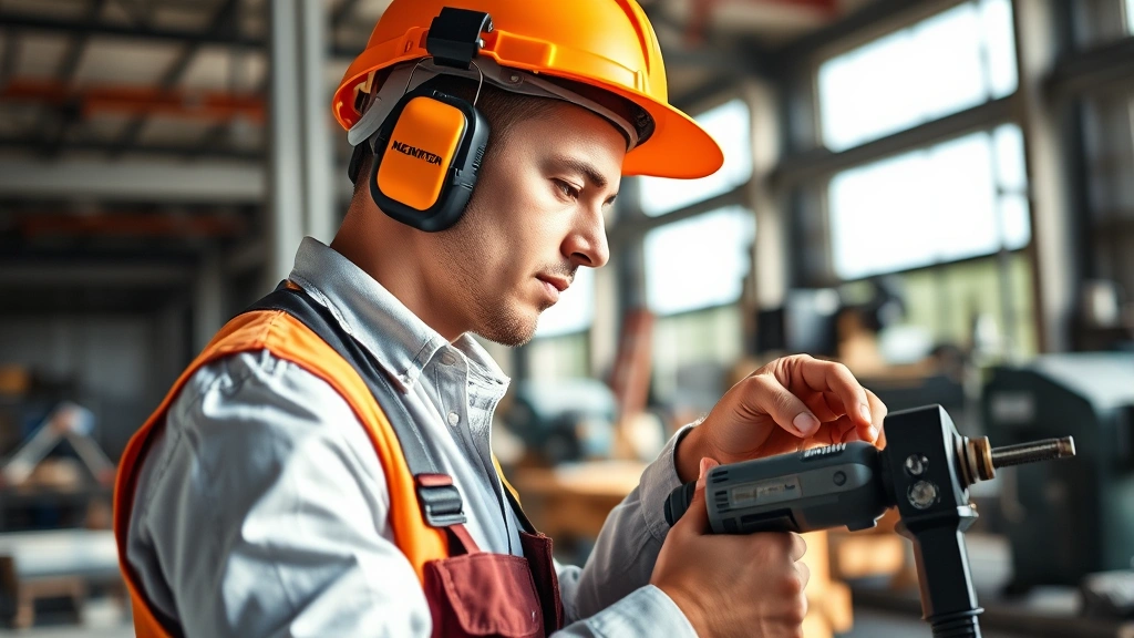 Construction worker on job site wearing in-ear active hearing protection while operating power tools, hard hat visible, concentrated work pose, industrial environment with machinery, natural lighting showing equipment comfort and integration