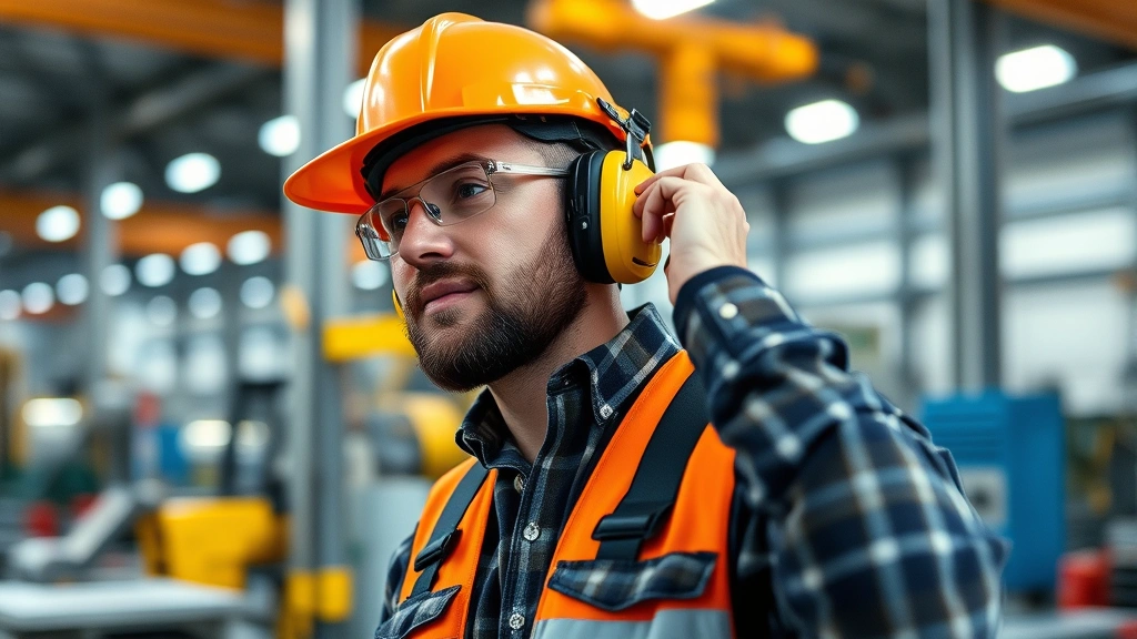 Industrial worker in safety gear at manufacturing facility with machinery in background, demonstrating active hearing protection use in workplace setting with focus on comfort and secure fit during work activity