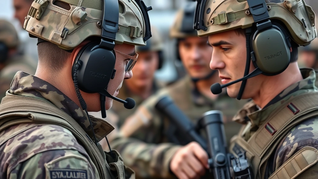 Military personnel in tactical gear demonstrating hearing protection integrated with communication headset, team coordination scenario, professional military setting, showing modern protective technology in operational context