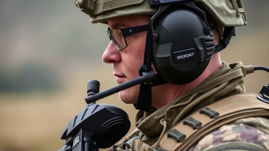 Military personnel or law enforcement officer in tactical gear showing active hearing protection system integrated with communication equipment, emphasizing durability and professional-grade design in field conditions