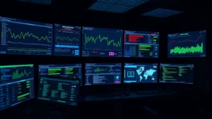 Photorealistic cybersecurity operations center with multiple monitoring displays showing network traffic analysis, threat detection dashboards, and security alerts in dark blue and green color schemes, no text visible