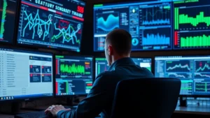 Cybersecurity analyst monitoring multiple screens displaying network traffic patterns, security alerts, and threat dashboards in a modern security operations center with blue and green data visualizations