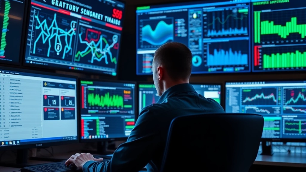 Cybersecurity analyst monitoring multiple screens displaying network traffic patterns, security alerts, and threat dashboards in a modern security operations center with blue and green data visualizations