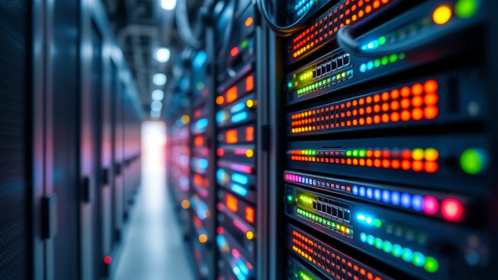 Close-up of data center server racks with network cables and LED indicators illuminated, representing cloud infrastructure security monitoring and active threat protection systems