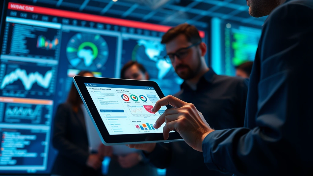Security professional reviewing incident response procedures on tablet device with team members in background, depicting collaborative threat analysis and active monitoring in enterprise environment