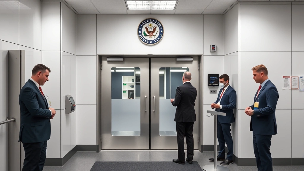 Secure government facility with reinforced doors and security checkpoint, personnel in business attire scanning badges at entrance, professional cybersecurity environment