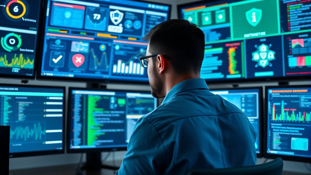 Cybersecurity professional monitoring multiple screens displaying network security dashboards, data protection interfaces, and access control systems in modern command center