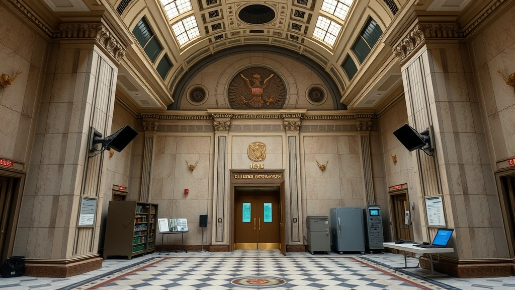 Federal building interior with classified information storage vault, secure document handling station, and advanced surveillance systems protecting sensitive materials