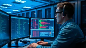 Professional cybersecurity expert monitoring multiple computer screens displaying network traffic and security alerts in a modern data center with blue lighting and server racks