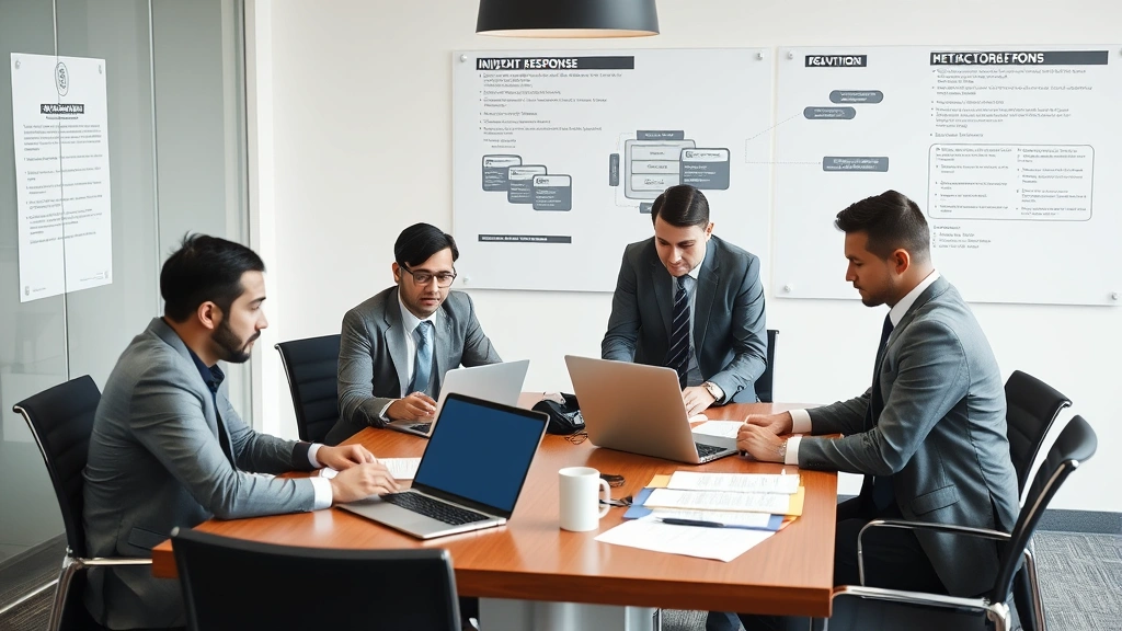 Team of security professionals in business attire collaborating around a conference table with laptops and security documentation, discussing incident response procedures