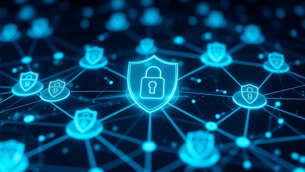 Digital representation of network security with interconnected nodes and protective shield symbols, showing data protection and encrypted connections across systems