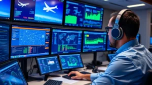 Cybersecurity analyst monitoring multiple screens displaying aviation network traffic, data flows, and security alerts in a modern operations center with blue and green dashboard displays, photorealistic, professional environment