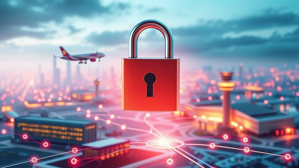 Padlock symbol floating above connected aircraft, airport buildings, and network nodes representing aviation infrastructure security and data protection, modern digital illustration style, photorealistic lighting