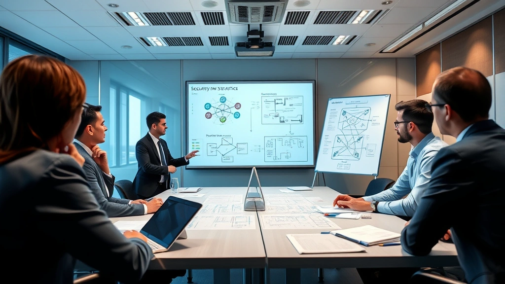 Team of aviation security professionals in a conference room reviewing security documentation and network diagrams on whiteboards, focused and collaborative atmosphere, photorealistic, professional setting
