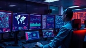 Photorealistic cybersecurity analyst in modern SOC monitoring multiple screens displaying AI-powered threat detection dashboard with network topology, anomaly alerts, and real-time security metrics