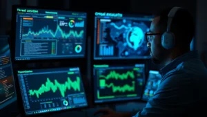 Professional cybersecurity analyst monitoring multiple digital threat dashboards with glowing network visualization and data streams, blue and green holographic displays showing real-time security metrics and alerts