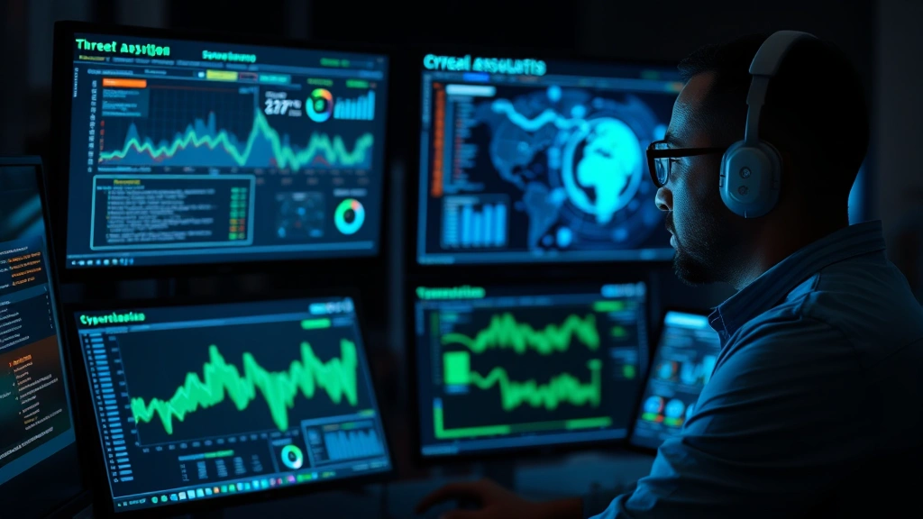 Professional cybersecurity analyst monitoring multiple digital threat dashboards with glowing network visualization and data streams, blue and green holographic displays showing real-time security metrics and alerts