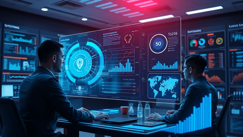 Advanced holographic interface showing AI security analytics, team of professionals collaborating on threat intelligence, surrounded by floating data visualizations and defense metrics in futuristic security operations center