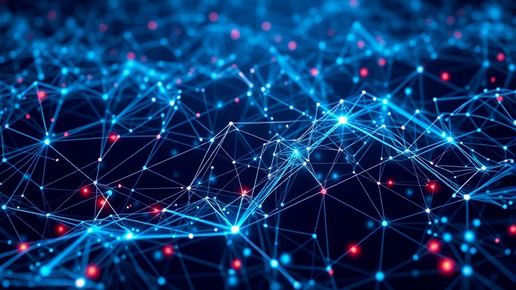 Advanced AI neural network visualization with interconnected nodes and flowing data patterns representing machine learning threat detection, abstract digital landscape with security indicators