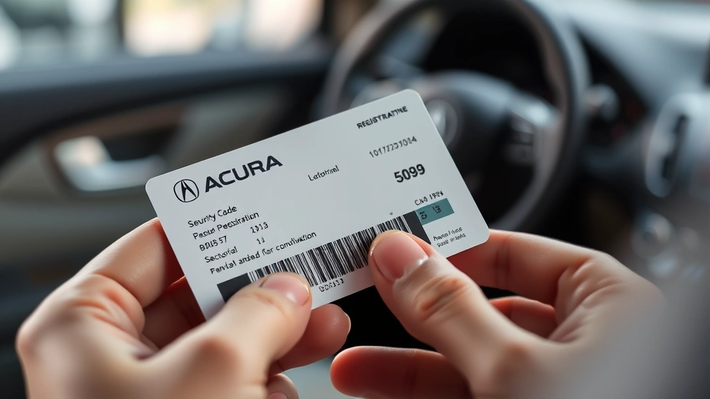 Close-up of hands holding an Acura vehicle registration card and security code documentation in a well-lit interior setting with soft focus background