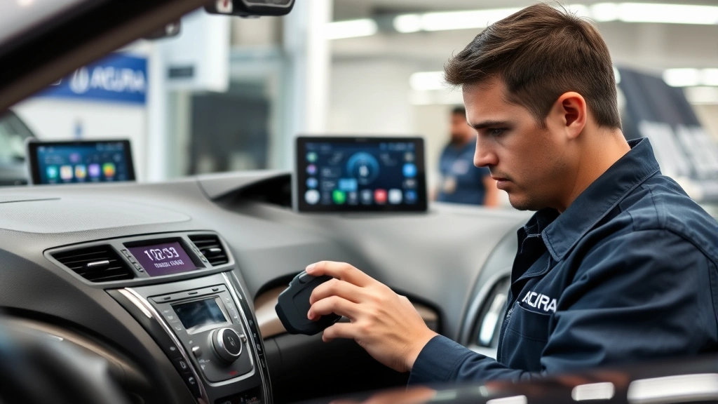 Professional automotive technician in Acura dealership service bay working on vehicle radio system with diagnostic equipment visible in background